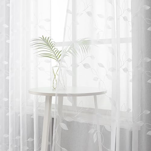Tollpiz White Leaf Sheer Tier Curtains Leaves Embroidered Kitchen Short Curtain Rod Pocket Voile Bathroom Curtains for Cafe, 30 x 24 inches Long, Set of 2 Panels | Short Curtain Leaves Embroidered Rod Pocket Voile Bathroom Window Treatment for Cafe, Set o