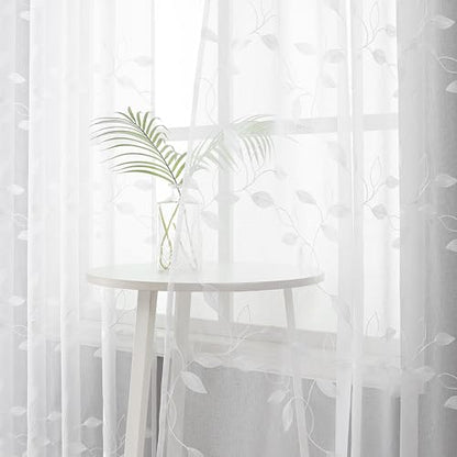 Tollpiz White Leaf Sheer Tier Curtains Leaves Embroidered Kitchen Short Curtain Rod Pocket Voile Bathroom Curtains for Cafe, 30 x 24 inches Long, Set of 2 Panels | Short Curtain Leaves Embroidered Rod Pocket Voile Bathroom Window Treatment for Cafe, Set o