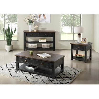 Martin Svensson Home Monterey Solid Wood Sofa Console Table, Black & Brown | Farmhouse Style, Pine Wood, Two Drawers, Two Open Shelves for Storage - color: Black With Brown Top