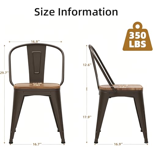 18 Inch Dining Chairs Set of 4, Farmhouse Metal Chairs with High Back and Wooden Seat, Stackable Industrial Bar stools for Dining Room(Rusty) - color: Rusty