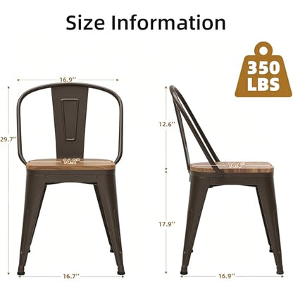 18 Inch Dining Chairs Set of 4, Farmhouse Metal Chairs with High Back and Wooden Seat, Stackable Industrial Bar stools for Dining Room(Rusty) - color: Rusty