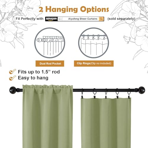 Aiyufeng Sage Green Short 36 Inches Blackout Curtain 2 Panels Set, Half Window Rod Pocket Privacy Curtain Tiers for Kitchen, Curtains Blackout for Bathroom Shades, W40 x L36 Inch, Sage Green - color: Sage, size: 40"W x 36"L (Pack of 2)