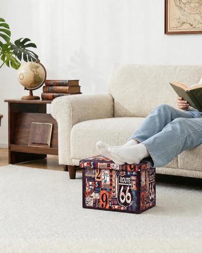 B FSOBEIIALEO Route 66 Storage Ottoman Bench, Faux Leather Foot Rest Seat for Living Room, Storage Organizer 16.54"x12.6"x12.6" - size: 16.54*12.6*12.6 inches