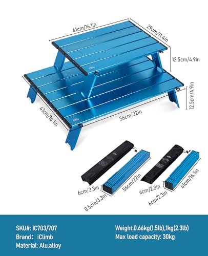 Ultralight Compact Mini Beach Picnic Folding Alu. Table with Carry Bag, Two Size (Blue - S) | with Carry Bag, for Camping Backpacking Hiking Beach Picnic - color: Blue, size: Small