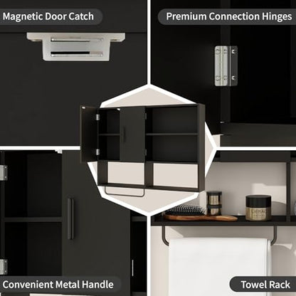 Bathroom Wall Cabinet with Towel Bar & 2 Doors, Black - color: Black