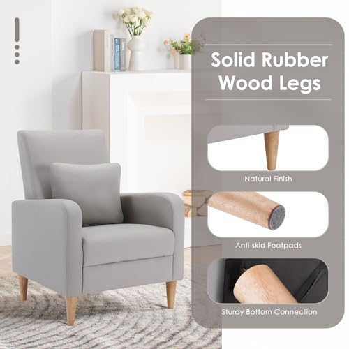 COLAMY Mid-Century Modern Accent Chairs Set of 2, Faux Leather Upholstered Living Room Chairs with Back Pillow & Solid Wood Legs, Comfy Armchair for Living Room, Bedroom, Single Sofa, Light Grey - color: Light Grey, size: Set of 2