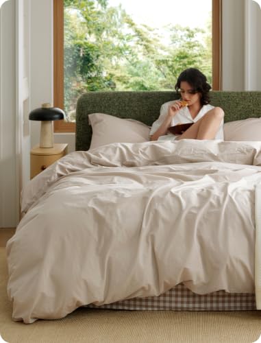 Bedsure PureWoven 100% Washed Cotton Duvet Cover Set, Full Size, 3-PC | Linen Like Texture, Percale Breathable Bedding Set for All Seasons, Zipper Closure, 8 Corner Ties, Oatmeal, 80" X 90" - color: 02 - Oatmeal (No Comforter), size: Full (80" X 90")
