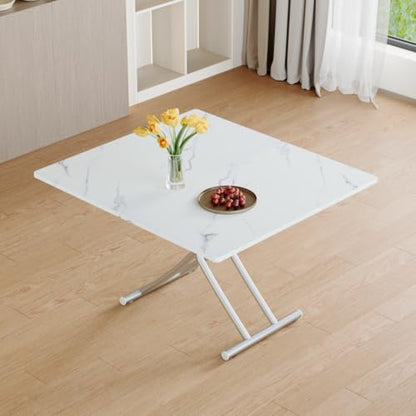 Liftable Folding Dining Table for 4, Adjustable Drop Leaf Table, Folding Coffee Table for Small Spaces, Scratch-Resistant Wood Top with Metal Frame for Apartment Kitchen Living Room - color: White-silver