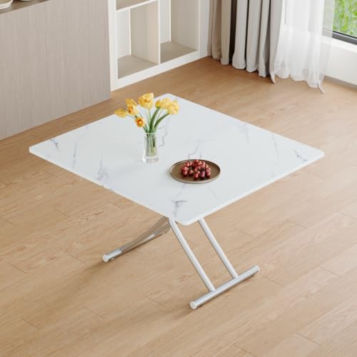 Liftable Folding Dining Table for 4, Adjustable Drop Leaf Table, Folding Coffee Table for Small Spaces, Scratch-Resistant Wood Top with Metal Frame for Apartment Kitchen Living Room - color: White-silver