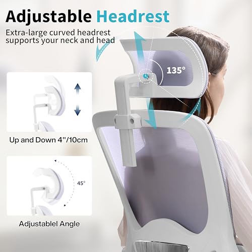 Ergonomic Office Chair,Mesh Office Chair with Lumbar Support,High Back Desk Chair with Flip-up Arms,400 lbs Big and Tall Computer Chair with Headrest,Comfy Desk Chairs (Lavender) - color: Lavender