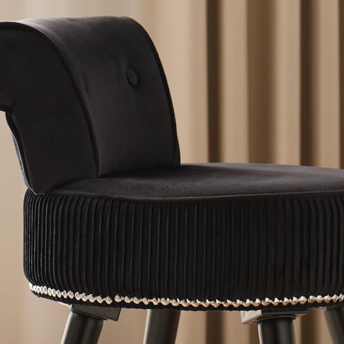 Small Black Vanity Chair with Back, Velvet Vanity Chair | Low Backrest Silvery Nailhead Trim, Round Vanity Seat for Bedroom and Bathroom Makeup, Support 220lbs, Easy Assembly (Black) - color: Black