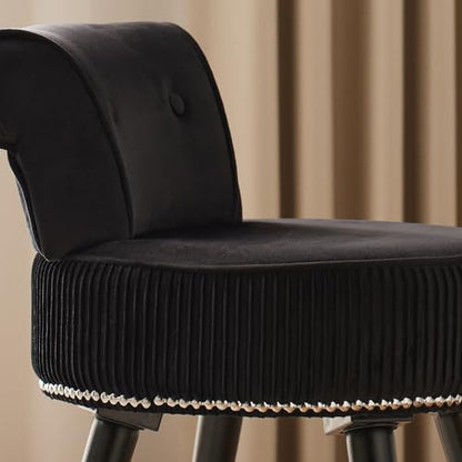 Small Black Vanity Chair with Back, Velvet Vanity Chair | Low Backrest Silvery Nailhead Trim, Round Vanity Seat for Bedroom and Bathroom Makeup, Support 220lbs, Easy Assembly (Black) - color: Black