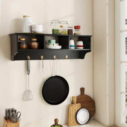RELAX4LIFE Coat Rack Wall Mount with Shelf, 31’’ Wood Hanging Shelf with Storage, 3 Cubby Compartment & 4 Hooks for Entryway Bathroom Kitchen, Wall Mounted Floating Shelf with Hooks (Black) - color: Black