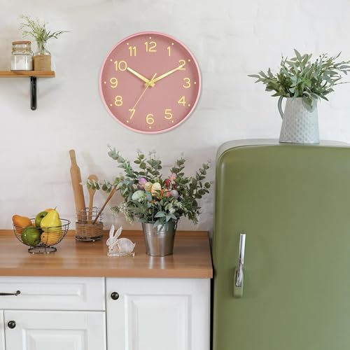 Roymnie 12 Inch Wall Clock Battery Operated Silent Non Ticking Analog | Pink Gold modern analog; large 3D easy-read dial for kitchen, office, bathroom & bedroom; 1 AA battery (not included) - color: M_pink Gold, size: 12 Inch