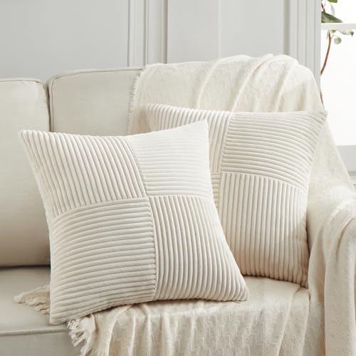 Fancy Homi 2 Packs Boho Cream Decorative Throw Pillow Covers 18x18 Inch for Living Room Couch Bed Sofa, Rustic Farmhouse Home Decor, Soft Corss Corduroy Patchwork Textured Square Cushion Case 45x45 cm - color: Cream, size: 18" x 18" (Pack of 2)