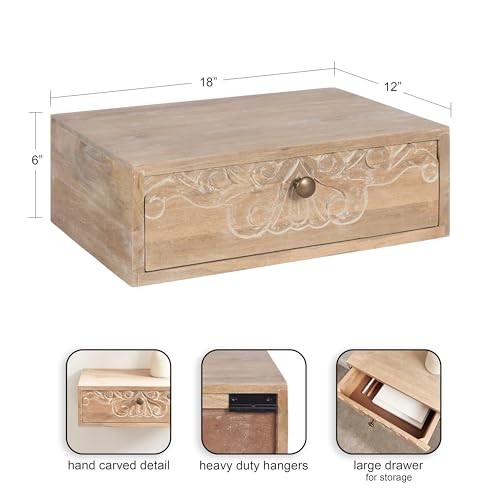 Kate and Laurel Mirza Transitional Carved Wood Floating Side Table, 18 x 12 x 6, Natural Wood, Mounted Solid Wood Wall Shelf with Drawer for Storage