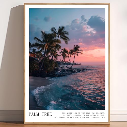 Pink Palm Tree Canvas Wall Art Coconut Tree Painting Tropical Plant Artwork Coastal Botanical Prints Pink Sky Poster Sunrise Sunset Picture Cute Preppy Summer Pictures for Home Room 16x24in Frameless - color: C5Unframed