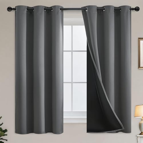 Yakamok Grey Blackout Curtains 63 inches Long for Bedroom 38" Wide 2 Panels | Thermal Insulated Window Treatment Total Blocking Panels with Black Liner for Living Room/Dining Room/Kids Room Grommet Top - color: Grey, size: 38"W x 63"L (Pack of 2)