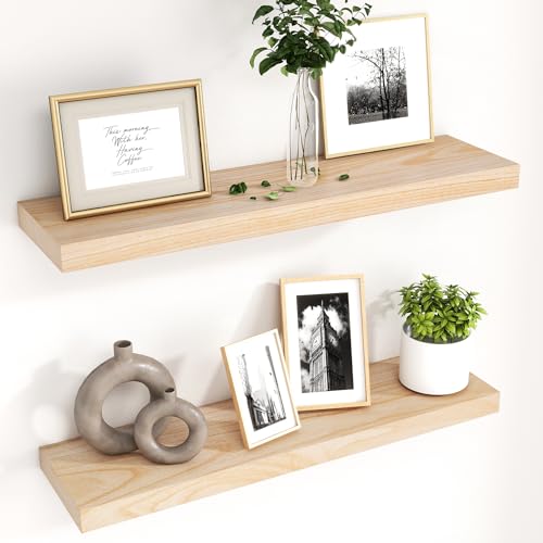 fuqing 30 Inch Floating Shelves 6.7'' Deep Natural Wood Shelves Set of 2 | 30'' x 6.7'' x 1.4'' Natural Wood Shelves for Bathroom Living Room, 40LBS, Lightweight, Hardware Included, Waterproof Finish - color: Natural, size: 30 Inch