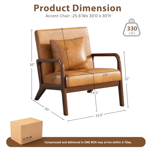 Mid Century Accent Chair with Solid Oak Frame & Faux Leather, Brown | Upholstered Lumbar Pillow Lounge Chair Brown Faux Leather Cozy Leisure Chair Retro Living Room Chair for Bedroom Waiting Room - color: Walnut Wood - Pu Brown, style: 1 PCS