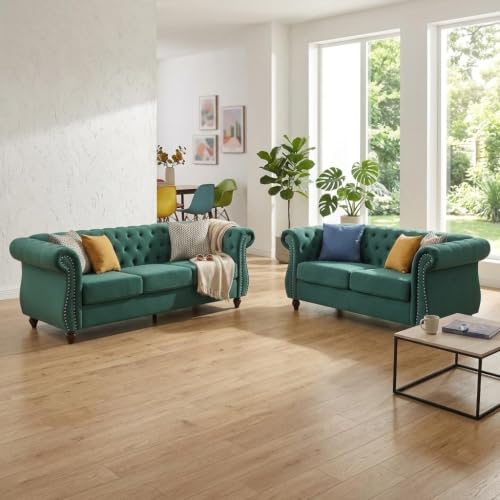 GDFStudio 82.6" Chesterfield Sofa Set, Modern Velvet Upholstered Sofa Set, Comfy 3 Seat Couch with Loveseat for Living Room Apartment, Button Tufted Rolled Arms Solid Wood Legs Spring Cushion, Black - color: Green, size: 3+2 Seat