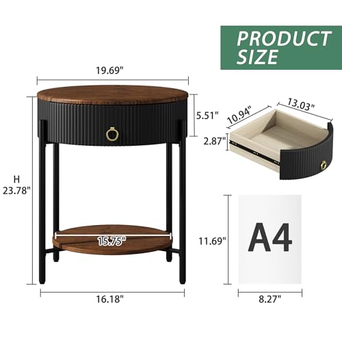 OIOG Wood Grain Side Table with Drawer, 2 Tier End Table, Black and Brown | Round Nightstand, Modern Side table, End Table with Storage, MDF Tabletop ang Shelf, For Living Room, Bedroom, Office, Dorm - color: Black