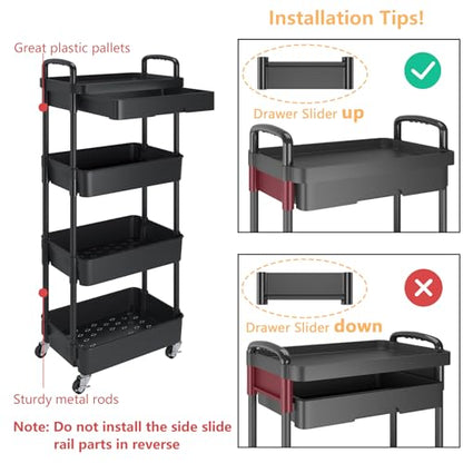 Calmootey 4-Tier Rolling Utility Cart with Drawer,Multifunctional Storage Organizer with Plastic Shelf & Metal Wheel,Storage Cart for Kitchen,Bathroom,Living Room,Office,Black | Space-Saving Organizer, Sturdy Plastic Shelves, Smooth-Rolling Metal Wheels,