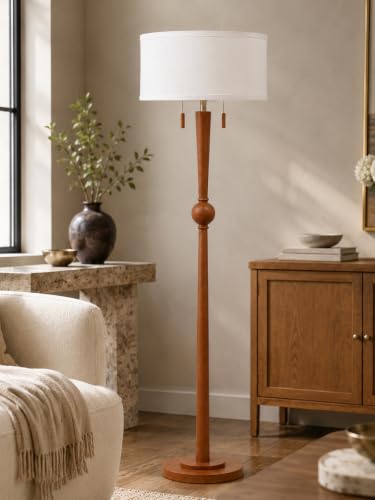 MOFFE Solid Wood Floor Lamp for Living Room,Pull Chains Standing Lamp | 62.8" Tall,17" White Drum Shade,Sculptural Wood Base & Stem,2-Light Design,Standing Lamp for Bedroom,2 Bulbs Included - color: Amber Walnut