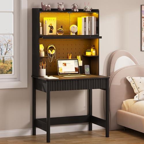 Lvifur 31.5" LED Study Desk with Hutch,Outlets,Reading Lights | Computer Desk with Charging Station,2 Drawer,Compact Writing Desks,Home Office Desks for Bedroom,Black - color: Black
