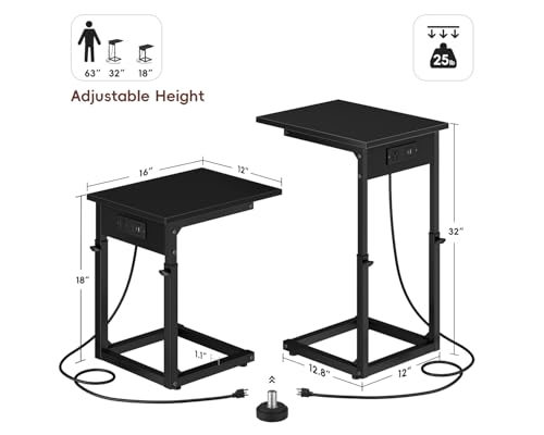 C Shaped End Table with Charging Station, 33"Tall C-Table End Table Adjustable Height Side Table for Couch, Couch Table That Slide Under Sofa Table TV Tray Table for Living Room,Bedroom,Black - color: Black, style: Charging Station