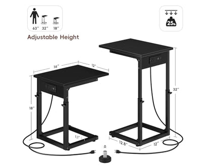 C Shaped End Table with Charging Station, 33"Tall C-Table End Table Adjustable Height Side Table for Couch, Couch Table That Slide Under Sofa Table TV Tray Table for Living Room,Bedroom,Black - color: Black, style: Charging Station