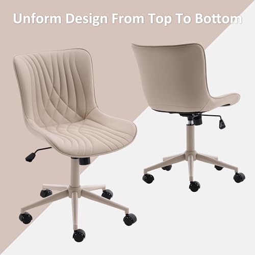YOUTASTE All Cream Office Chair, Modern Armless Desk Chair with Back, Adjustable Swivel Rolling Faux Leather Task Chair with Wheels Metal Base for Home Office, Study, or Vanity - color: All Cream
