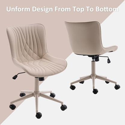 YOUTASTE All Cream Office Chair, Modern Armless Desk Chair with Back, Adjustable Swivel Rolling Faux Leather Task Chair with Wheels Metal Base for Home Office, Study, or Vanity - color: All Cream