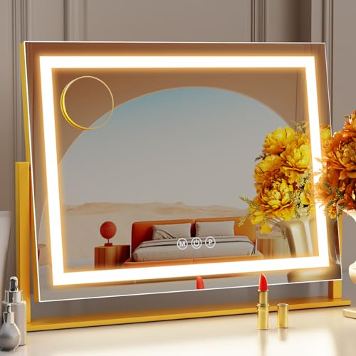 Gvnkvn Lighted Makeup Mirror, 17.3"x13" Hollywood Vanity Mirror with Lights, Three Color Lighting Modes, and 5X Magnification Mirror, Smart Touch Control, 360°Rotation (Gold,17.3in Gift Box) - color: Gold 1
