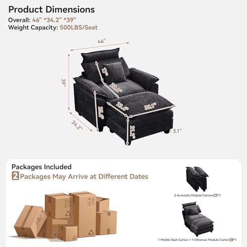 46''Cloud Sofa Chair with Detachable Headrest, Oversized Upholstered Arm Accent Chair with Ottoman, Modern Chenille Reading Lounge Comfy Armchair for Living Room,Bedroom, Dark Grey - color: Dark Grey, size: Oversized Chair with Ottoman