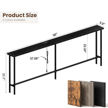 GRLEAF 90 Inch Narrow Sofa Table with Power Outlet, Extra Long Console Table Behind Couch Table with Charging Station, Skinny Entryway Table Thin Table for Living Room, Narrow Spaces (Black) - color: Black, size: 90IN