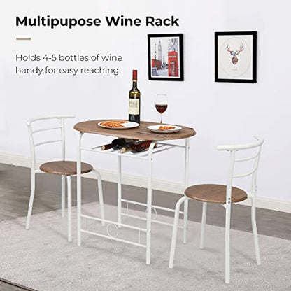 VINGLI 3 Piece Dining Set,Small Kitchen Table Set for 2,Breakfast Table Set,Kitchen Wooden Table and 2 Chairs for Small Space/Dining Room/Apartment,Metal Frame,Wine Rack,White&Warm Oak - color: Warm Oak
