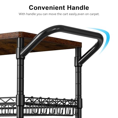 3 Tier Rolling Carts with Wheels, Heavy Duty Rolling Utility Cart with Wood Tabletop, Commercial Grade Metal Cart with Handle and Hooks, NSF Storage Serving Carts for Kitchen Island, Wood+Metal - color: Wood+metal-3 Tier