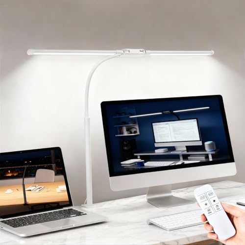 LED Desk Lamp with Clamp, Dual Head Desk Light for Home Office, Eye-Caring Monitor Desk Lamp with Remote, Flexible Gooseneck Architect Task Lamp, 10 Brightness Levels & 5 Color Modes White - color: White