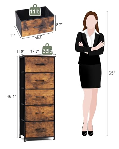 Tall Dresser Vertical Fabric Storage Tower, 5 Drawers (Rustic Brown) | Sturdy Steel Frame, Wood Top and Easy Pull Handle, Space-saving Organizer for Clothes, Bedroom, Hallway, Entryway, Closets - color: Rustic Brown, style: Narrow