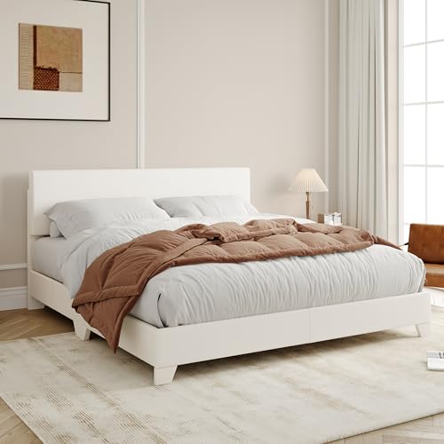 Allewie Full Size Upholstered Bed Frame Adjustable Headboard, White | Platform Bed with Heavy Duty Mattress Foundation, Noise-Free, Easy Assembly, Wood Slat Support, No Box Spring Needed - color: White, size: Full