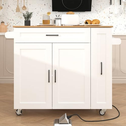 Kitchen Island with Storage, Island Table for Kitchen with Drop Leaf Countertop, Kitchen Cart with Wheels, Storage Rack, a Drawer, Spicy Rack and Towel Bar, Sufficient Countertop Space, White