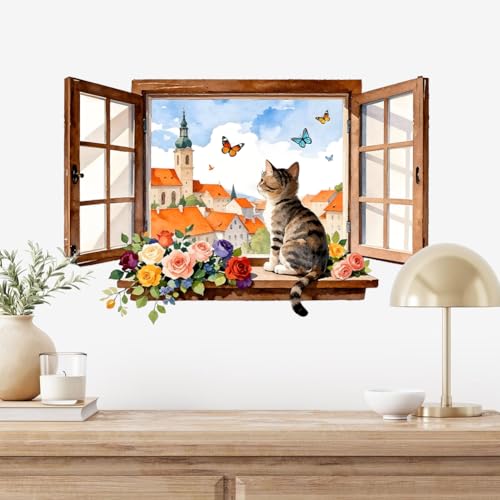 3D Window with a Cat and Flowers Wall Decals, Wall Stickers Decor | 2 Sheets 11.8"x37.8" Vinyl Removable Peel and Stick Murals, Plant Decor for Bedroom, Bathroom, Office, Classroom & Home - style: 3D Fake Window