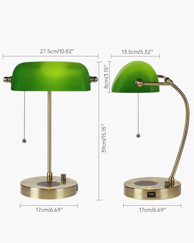 Stepless Dimmable Green Glass Bankers Desk Lamp,LED Bulb Included | Wireless Charger,USB Charging Port for Home Office Table Lamp Plug in Fixture - color: Green-Wireless Charging