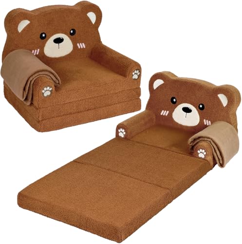 Foryoomi Kids Couch, 2-in-1 Soft Toddler Couch Fold Out with Blanket, Chair Comfy, Foldable Convertible Plush Sofa, Gifts for Kids Girl Boys, Bear - color: Bear