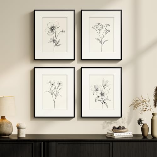 Framed Black and White Botanical Wall Art for Bathroom, 4 Piece 8x10 In | Minimalist floral wall decor, Vintage boho flower pictures, Plexiglass with mat prints, Bedroom office hallway room decor - color: Black and White, size: 8" W x 10" H x 4 pcs