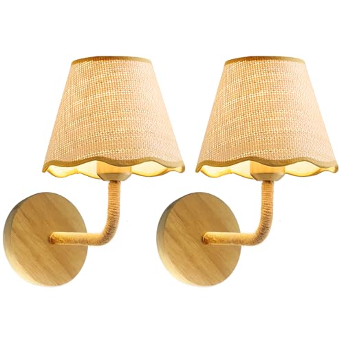 Set of Two Stick-On Hand Woven Wall Sconces, Battery Operated Wireless Wall Sconces with Remote Controlled, Adjustable Brightness Living Room Wall Decor(E26 Bulb Included) - size: Stick-on (2 Pack)