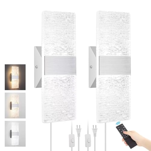 GOODATE Plug in Wall Sconces with Adjustable 3000K-6500K Colors & 10%-100% Brightness, Sconces Wall Decor Set of 2 with Remote Control, 12W Acrylic LED Plug in Wall Light (2 Pack, Corrugated Finish) - size: 2 PACK, Silver1