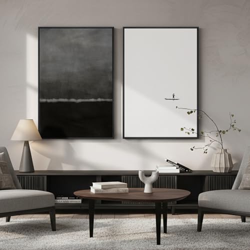 Large Framed Black and White Abstract Wall Art for Living Room, Set of 2 Modern Minimalist Canvas Prints Artwork for Walls, Seascape Pictures for Bedroom Dining Room Hallway Office Wall Decor 24x36 In - color: Silent Horizon, size: 24" W x 36" H x 2Pcs