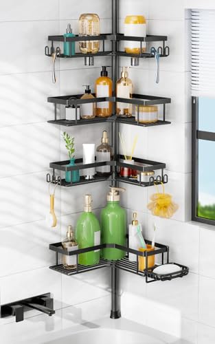 HAMITOR Shower Caddy Tension Pole: Corner Bathroom Organizer for Renters | L-shaped 4-Tier Baskets with Soap Holder & Hooks for Small Space, No Drilling Adjustable Storage Rack for Family, 47-123inch - color: Black